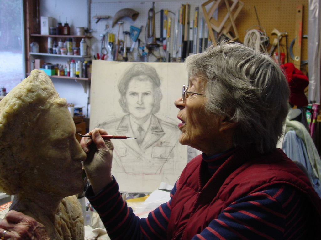 Working on the bust of Jackie Cochran, now located at the Jackie Cochran Airport south of Palm Desert, California
